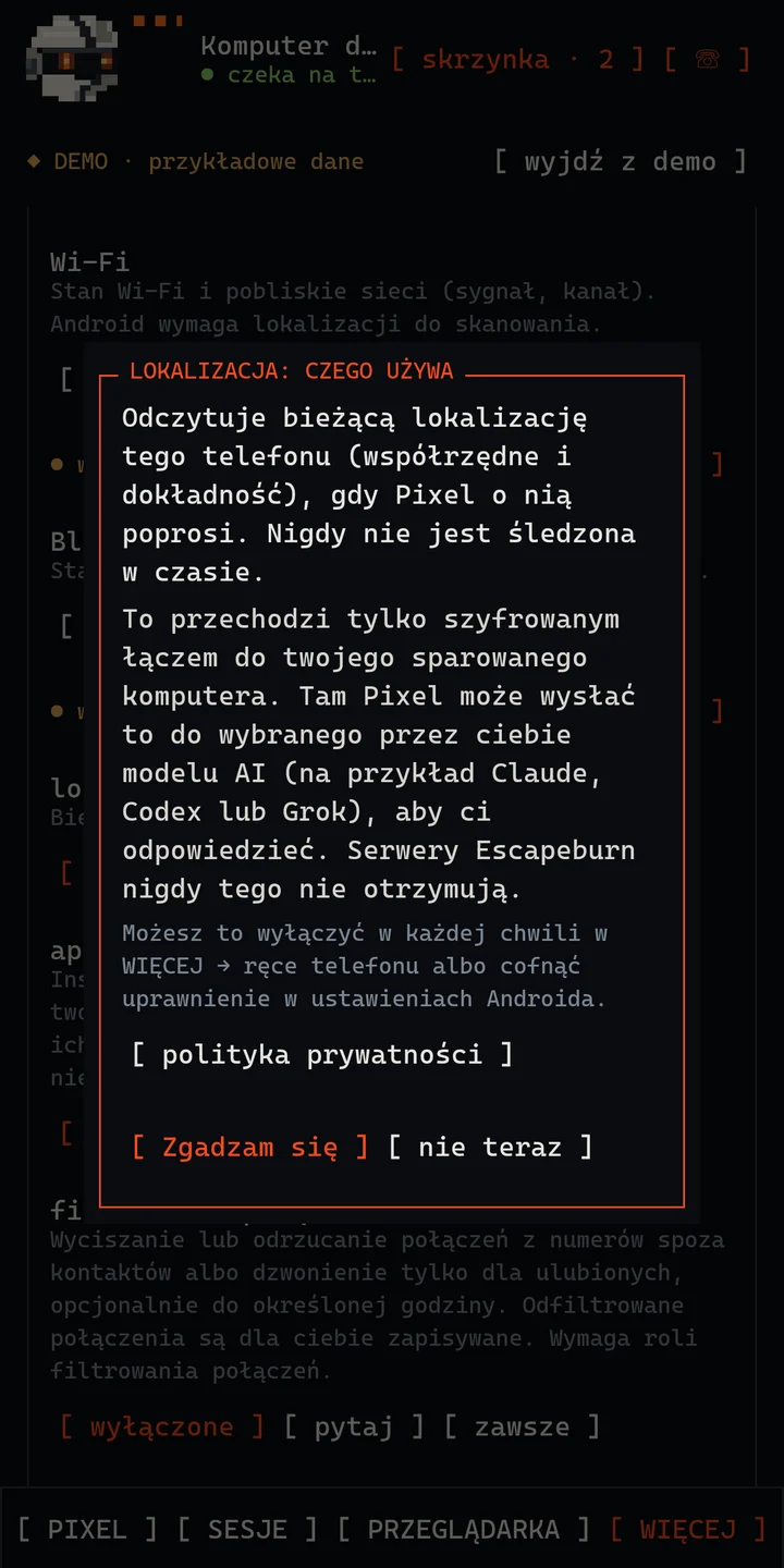 Informacja, którą aplikacja pokazuje przed użyciem lokalizacji telefonu.