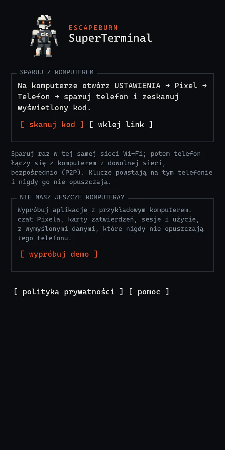 Ekran parowania z opcją demo.