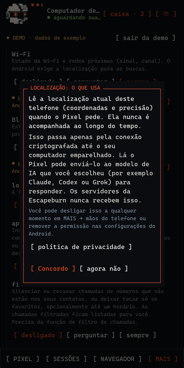 O aviso que o app mostra antes de usar a localização do telefone.