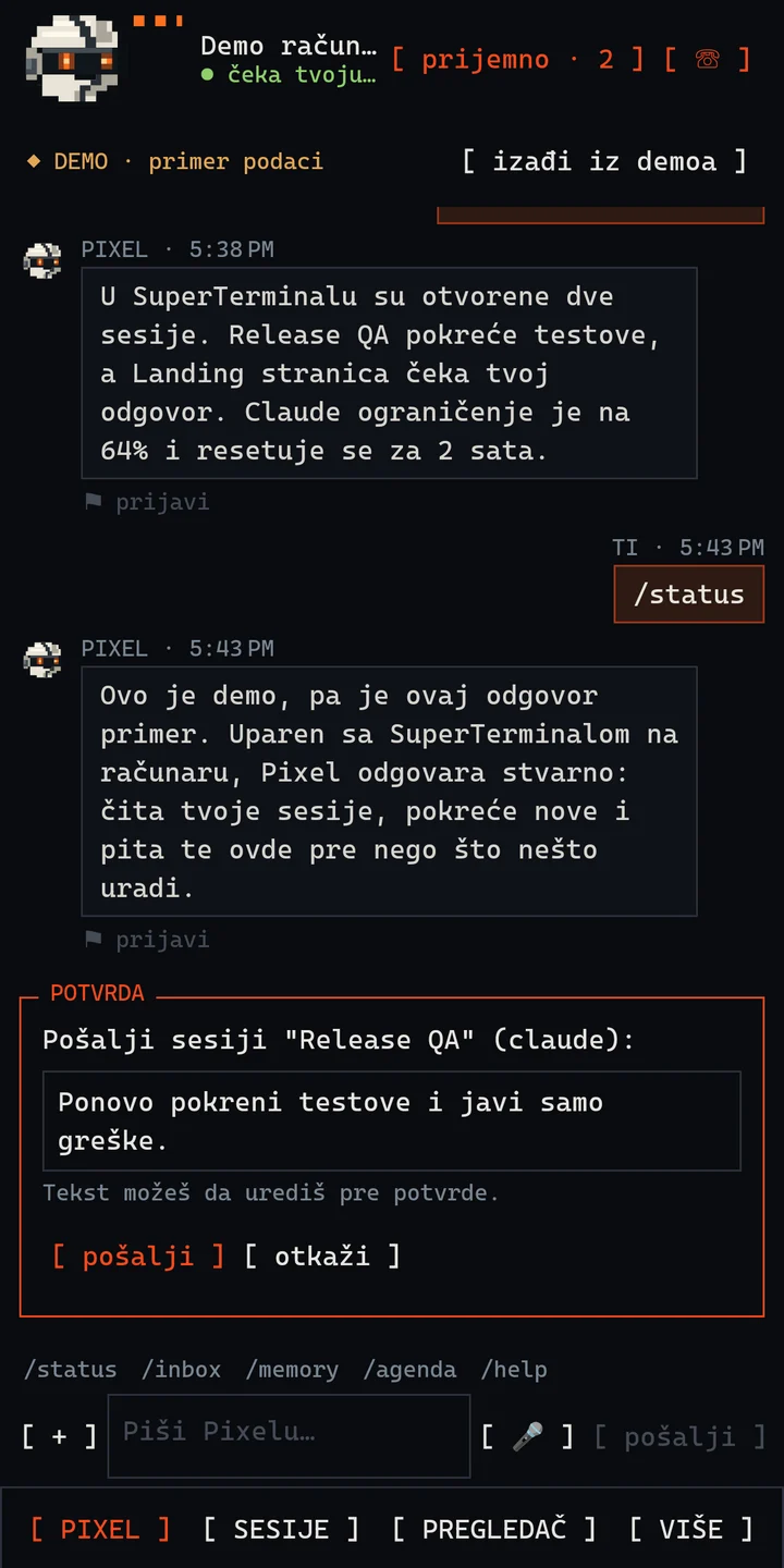 Cometov čet na telefonu sa karticom za potvrdu za sesiju Release QA (primer podaci).