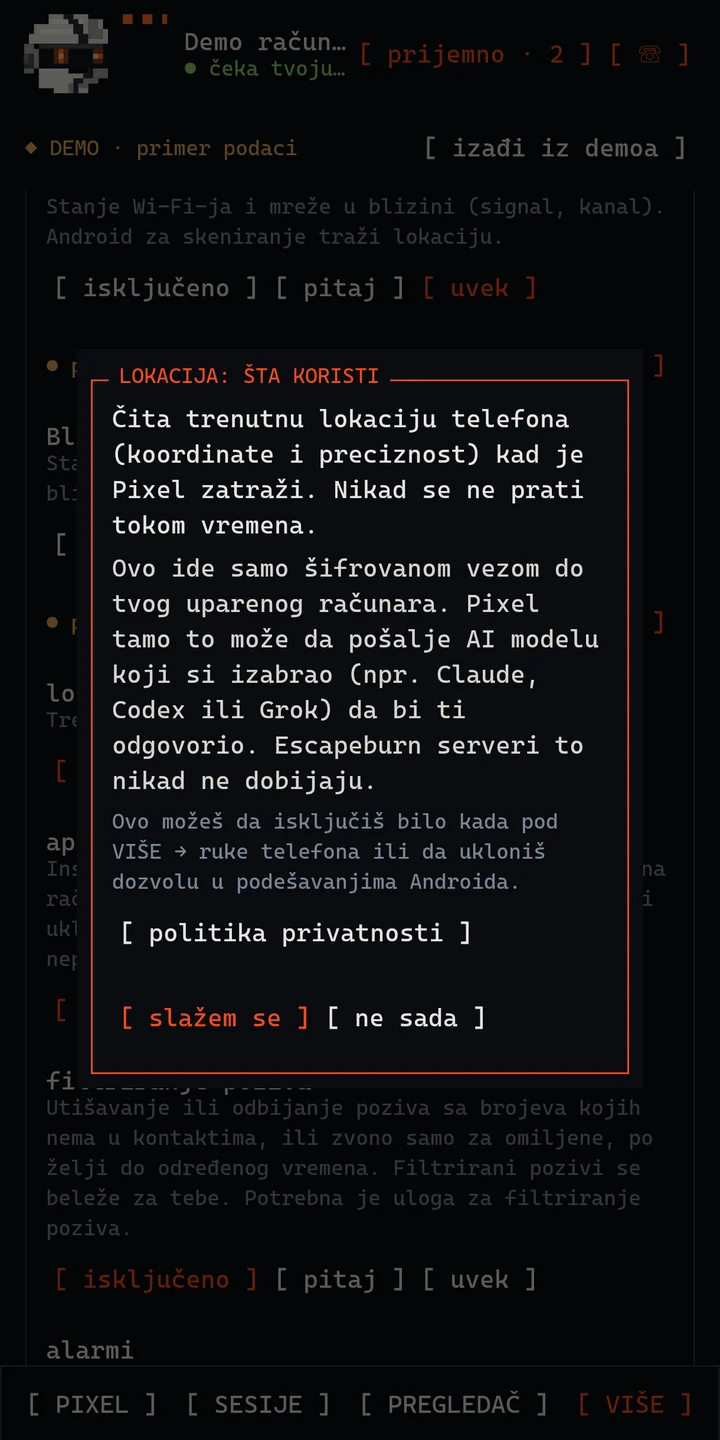 Obaveštenje koje aplikacija prikaže pre nego što koristi lokaciju telefona.